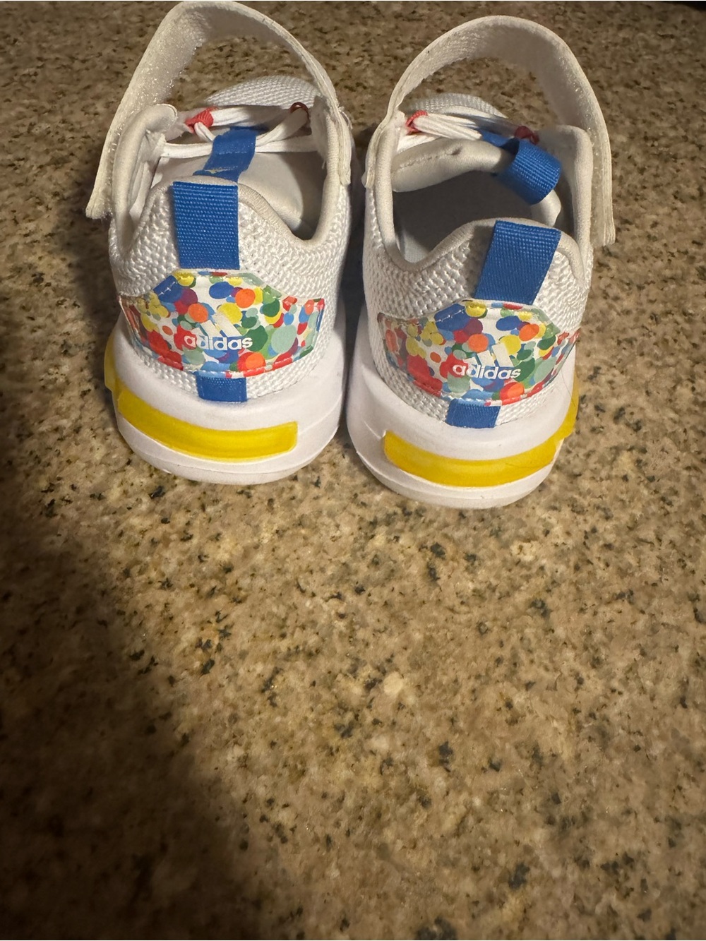 adidas Kids White Sneakers with Blue Tabs and Multicolor Dot Print